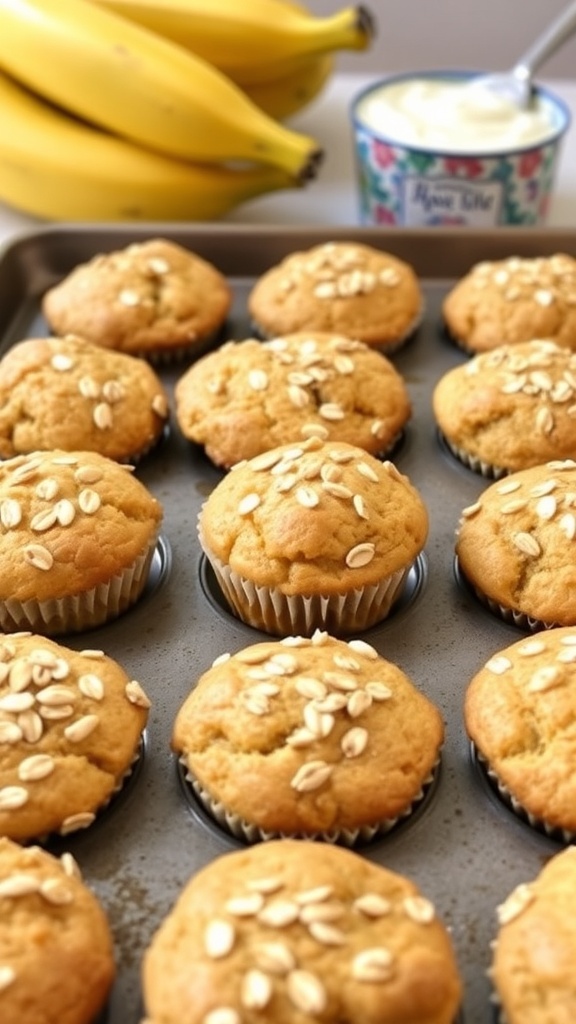 A tray of golden brown healthy oat muffins with oats on top, surrounded by bananas and yogurt.